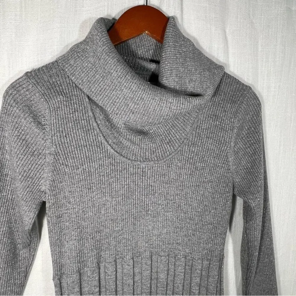Calvin Klein Grey Cowl Neck Flare Shimmering Metallic Silver Sweater Dress Sz L
